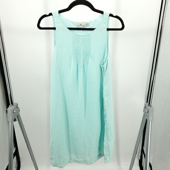 Vineyard Vines 100% Linen Pleat Boat Neck Swing Dress 6 Turquoise/Aqua - Picture 1 of 16